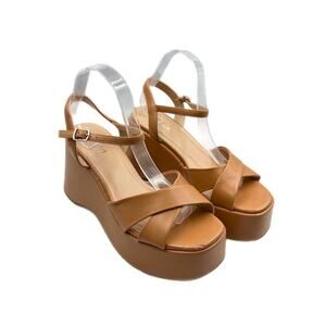 Soda NWOB Tan Faux Leather Wedge Heel Strappy Open Toe Boho Chunky Sandals